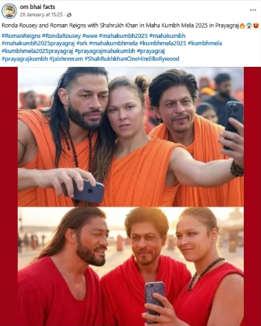 AI-generated image falsely claiming to show Shah Rukh Khan with WWE wrestlers Roman Reigns and Ronda Rousey at Maha Kumbh Mela 2025 in Prayagraj.